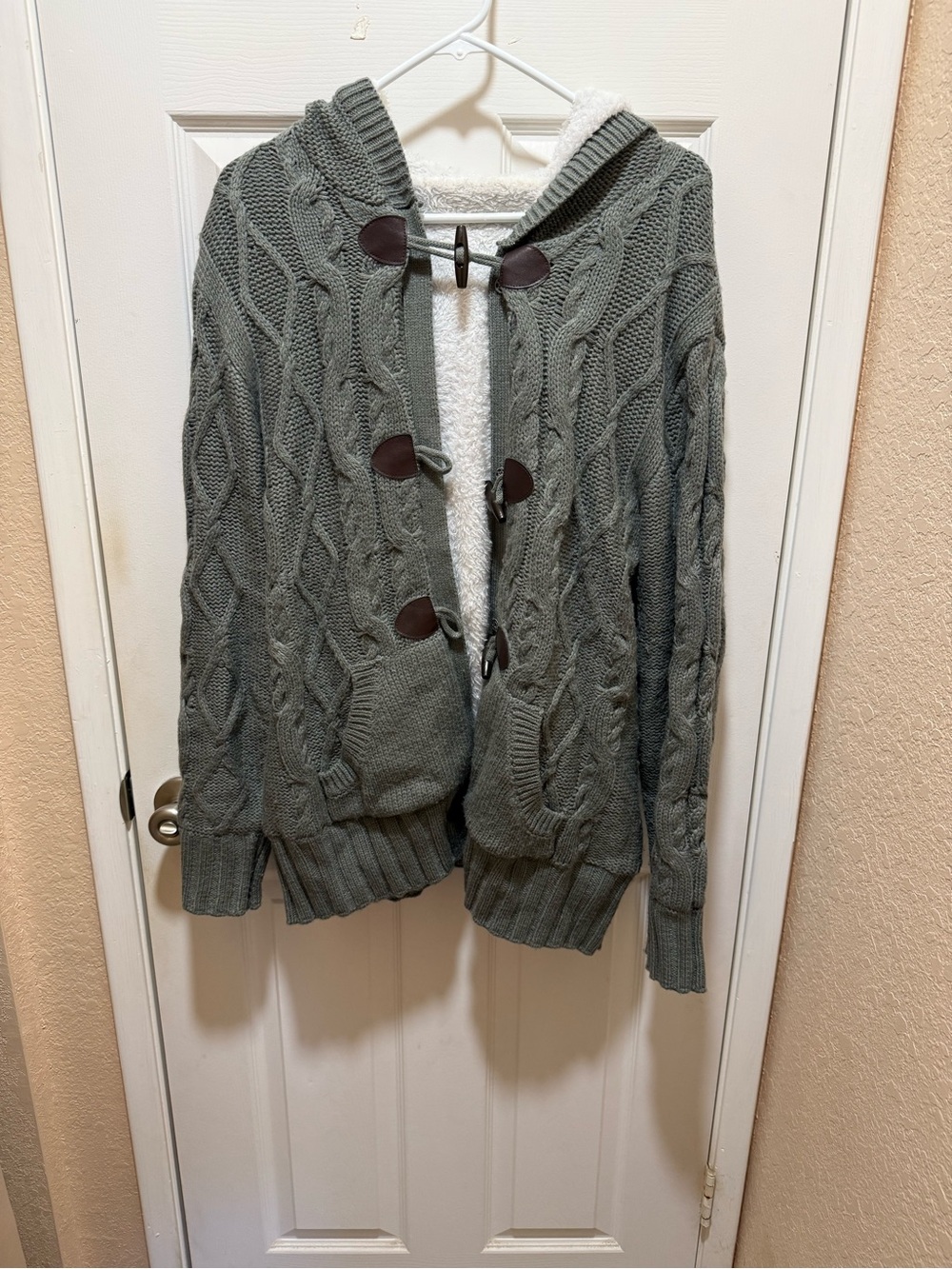 Cable-Knit Hooded Cardigan with Sherpa Lining - Gray